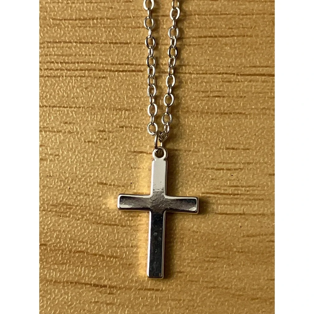Silver Tone Cross Pendant Necklace Minimalist Religious Jewelry Adjustable Chain